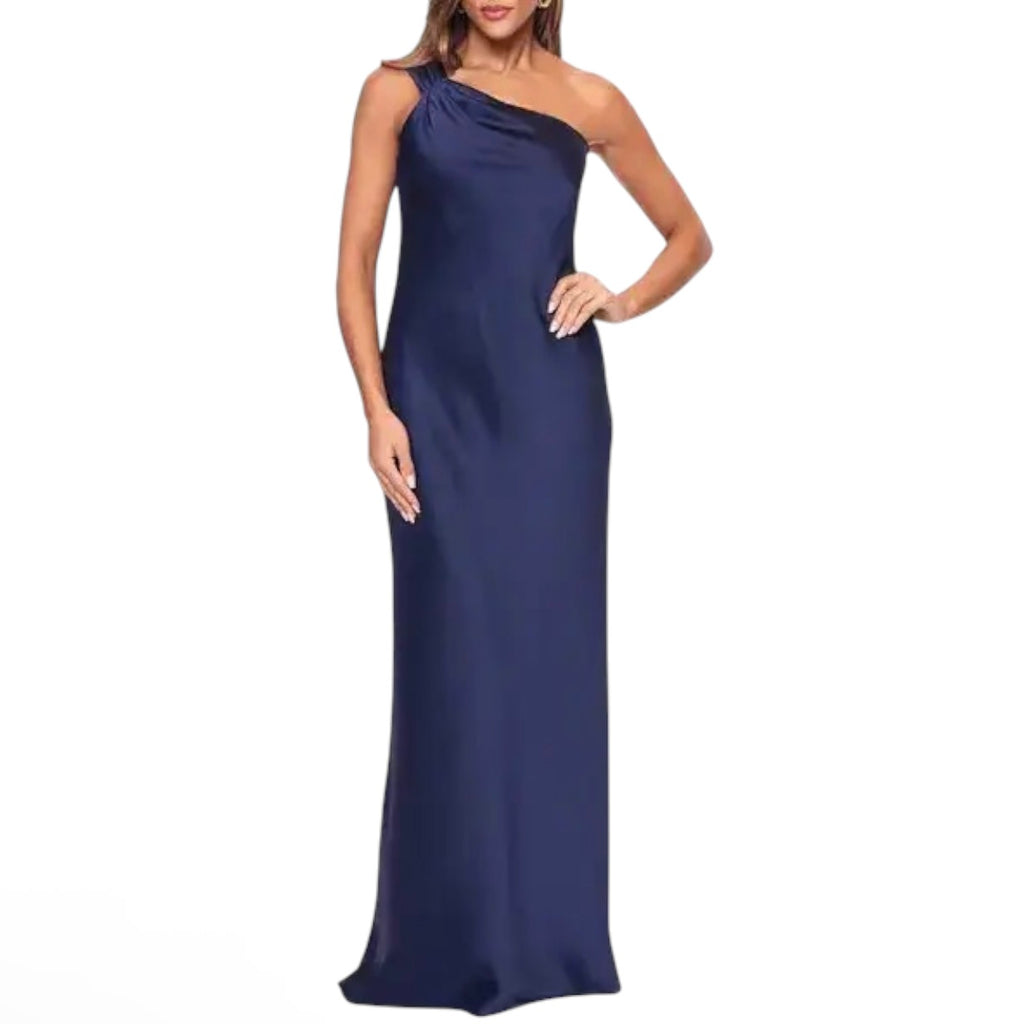 Xscape Evenings One-Shoulder Satin Gown Navy Size 16