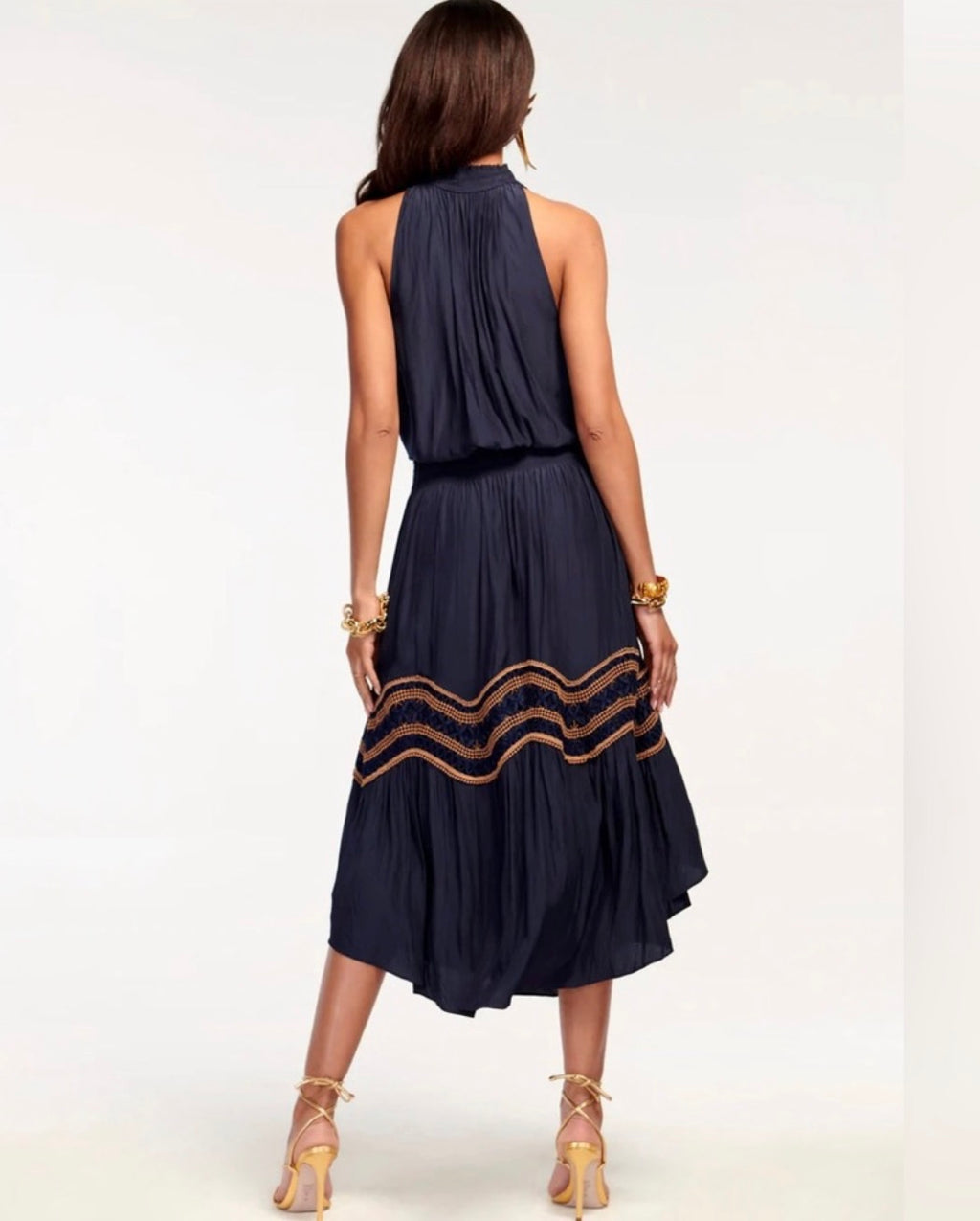 Ramy Brook Alexis Embroidered Smocked Midi-Dress Navy Sz XS $565