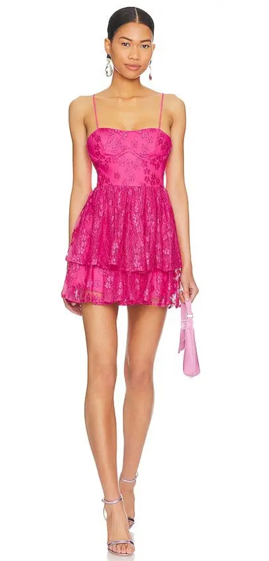 Lovers + Friends Jia Mini Dress – Electric Pink Lace Tiered Mini Dress Sz Small $228
