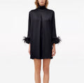 Sleeper Party Feather Trimmed Satin Dress in Black Sz XS $350