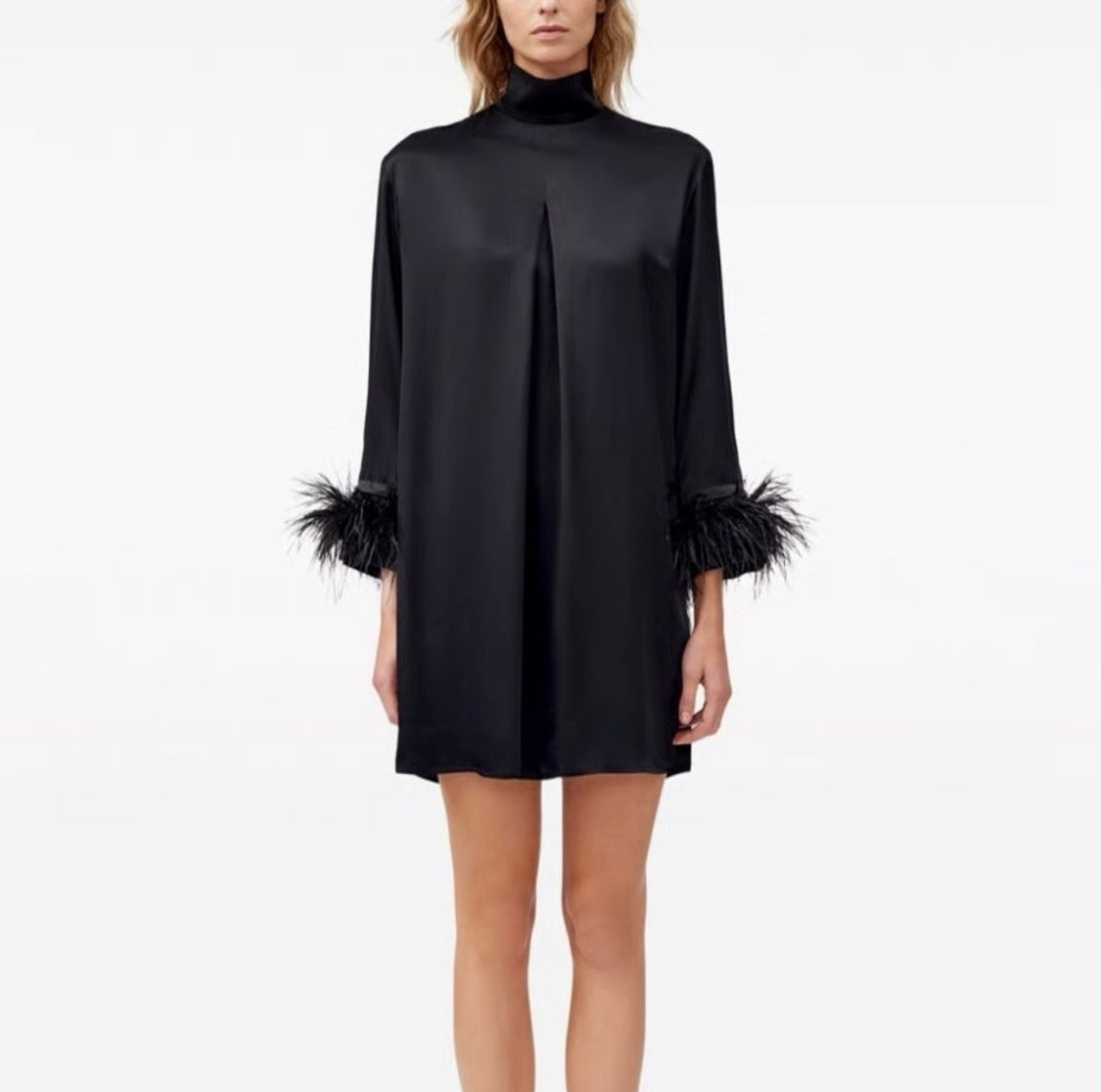 Sleeper Party Feather Trimmed Satin Dress in Black Sz XS $350