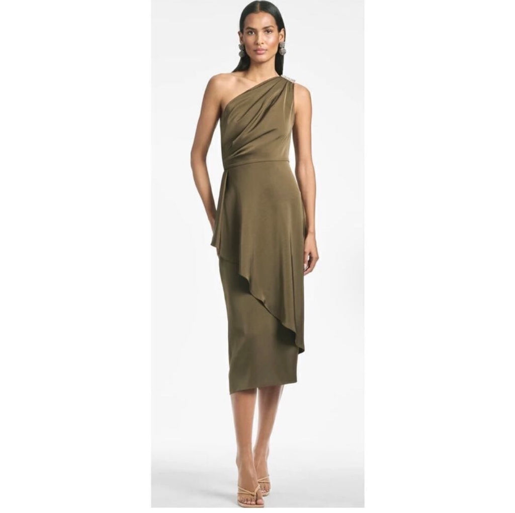Sachin & Babi Evangeline One Shoulder Olive Midi Dress Size 2 $495