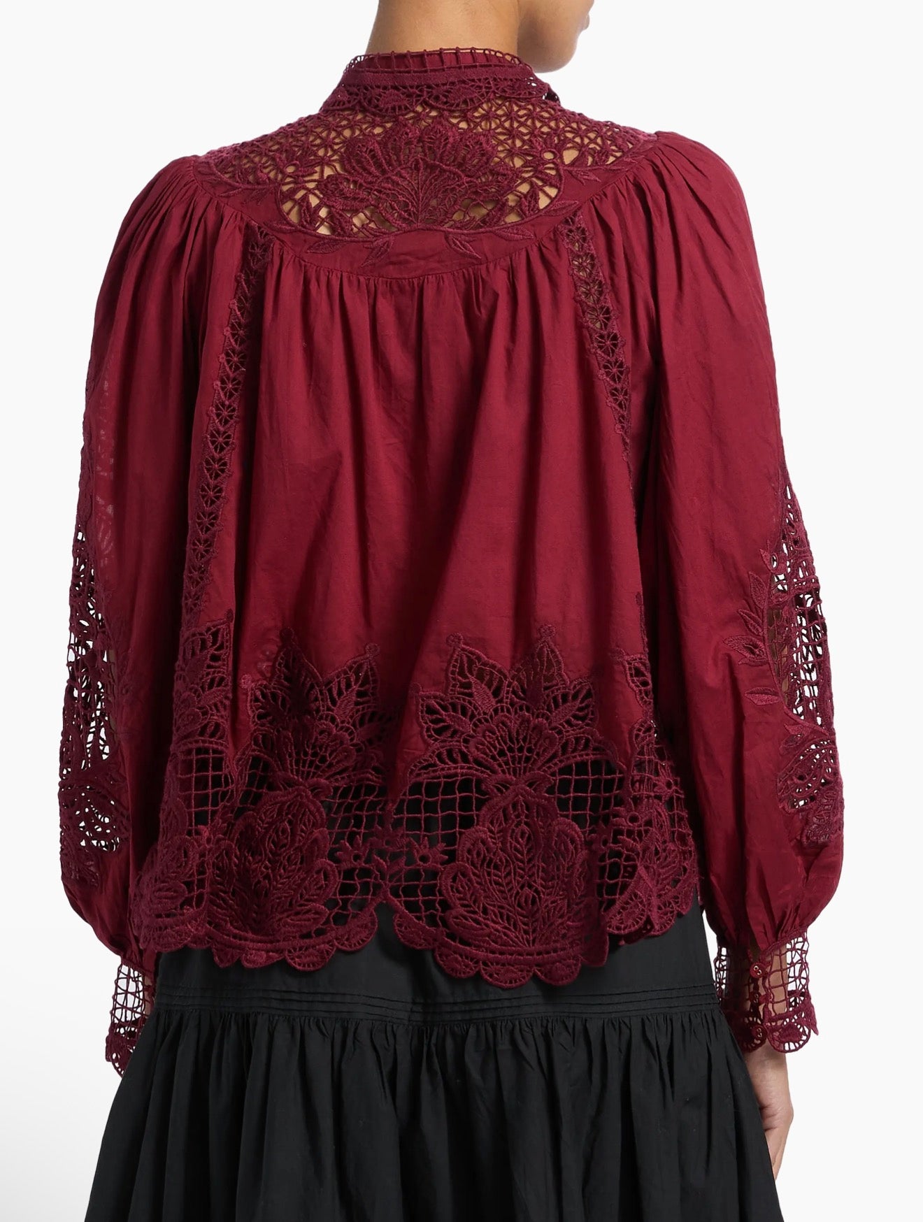 FARM Rio Guipure Lace Cotton
Button-Up Shirt in Burgundy size Large $330