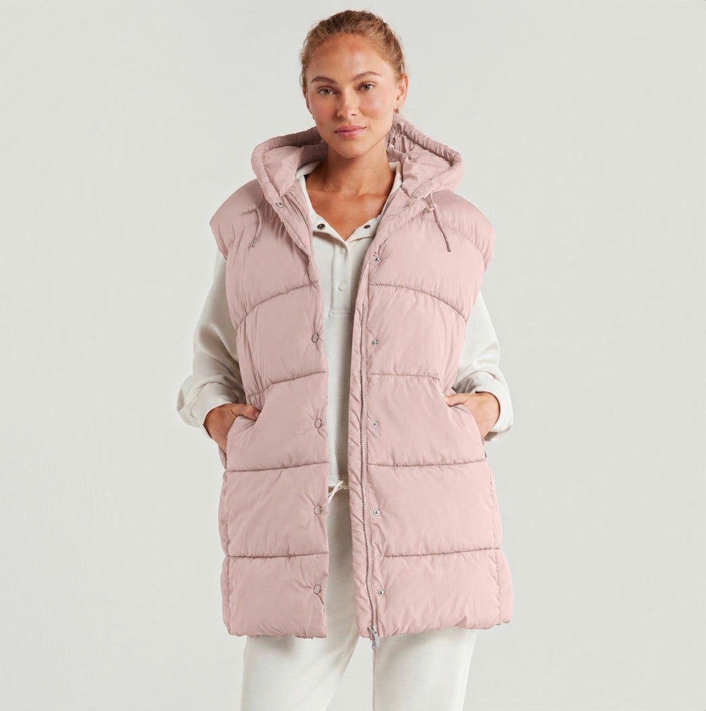 Zella Longline Hooded Puffer Vest Pink Dusty Rose Size Large