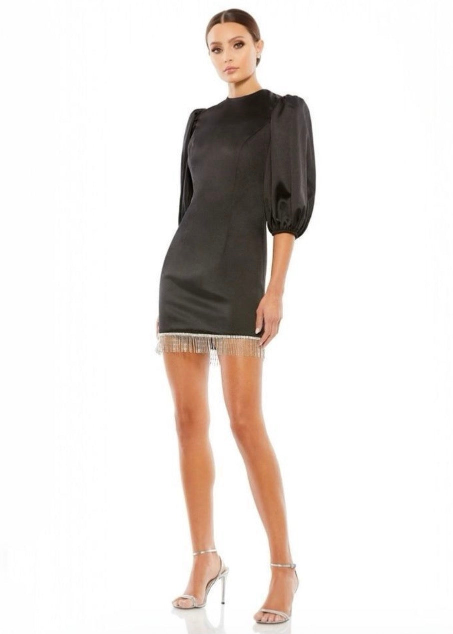 Mac Duggal 26672 Short Satin Puff Sleeve Fringe Beaded Cocktail Dress $348