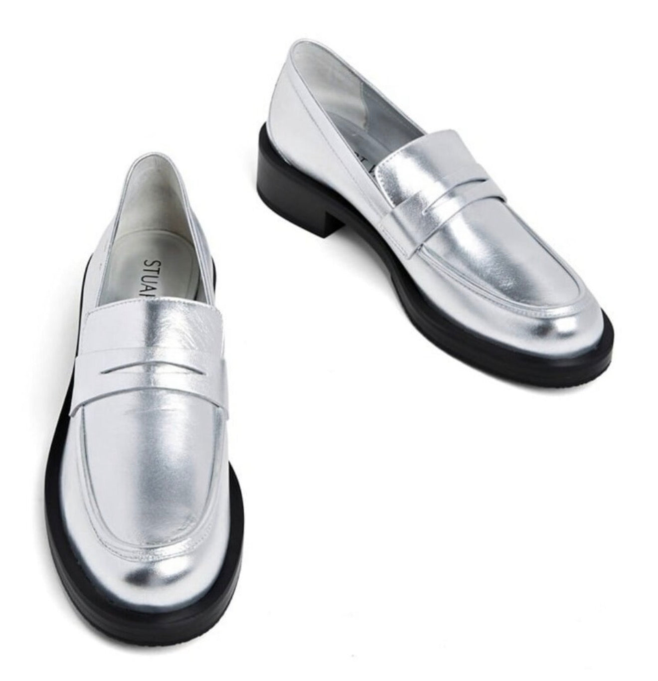 Stuart Weitzman PALMER SILVER LEATHER LOAFER SHOES 8.5 $495
