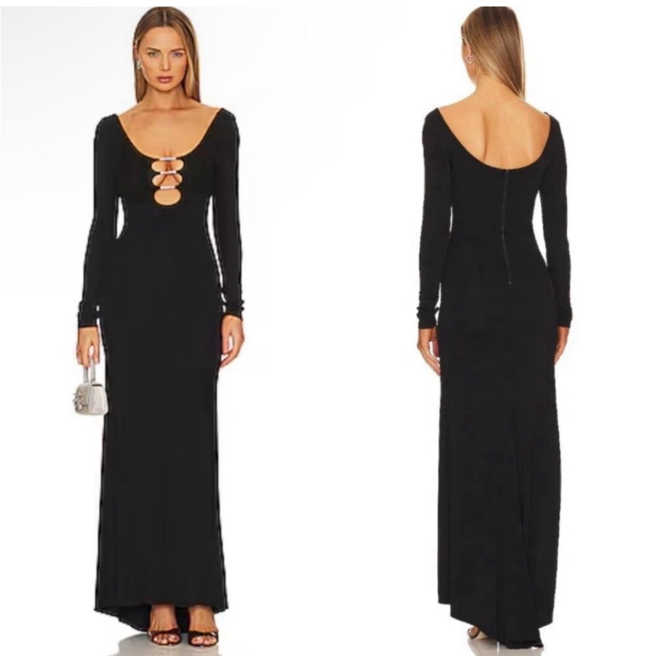 Alice + Olivia Black Kalena Plunge Crystal Jersey Cut Out Maxi Dress Sz 8 $550