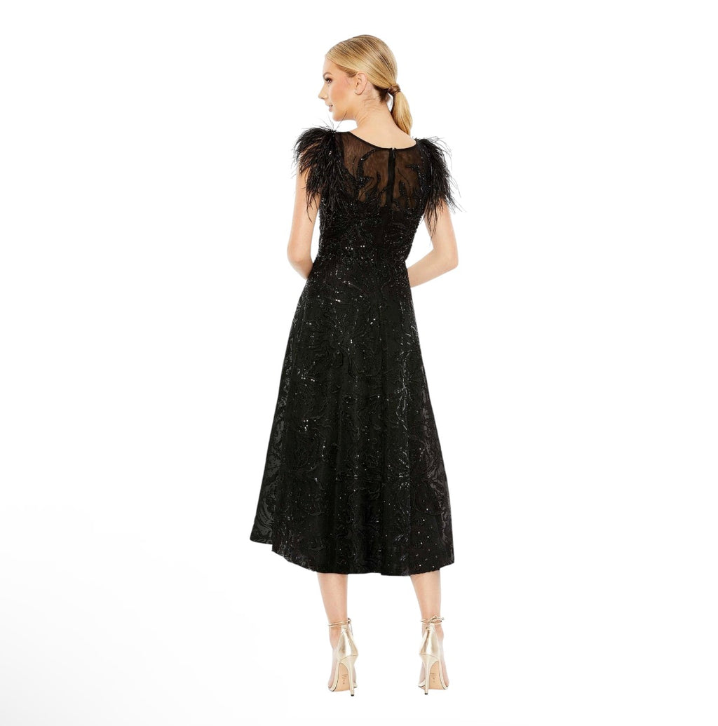 Mac Duggal 20400 Feather Shoulder Sequin Embellished Midi Dress Black Size 8