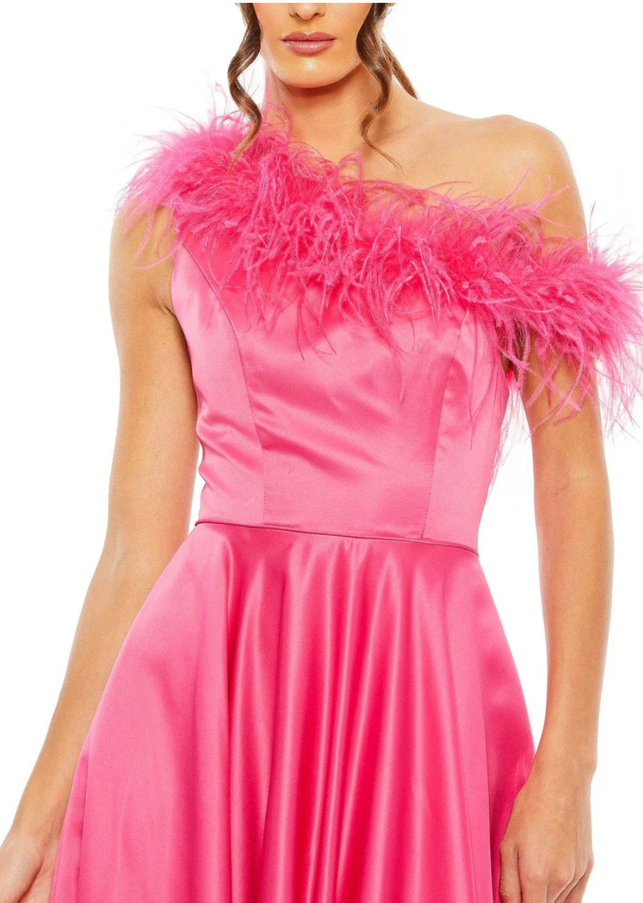 Mac Duggal Satin Feather Trim One Shoulder A-Line Gown Hot Pink 11684 $598