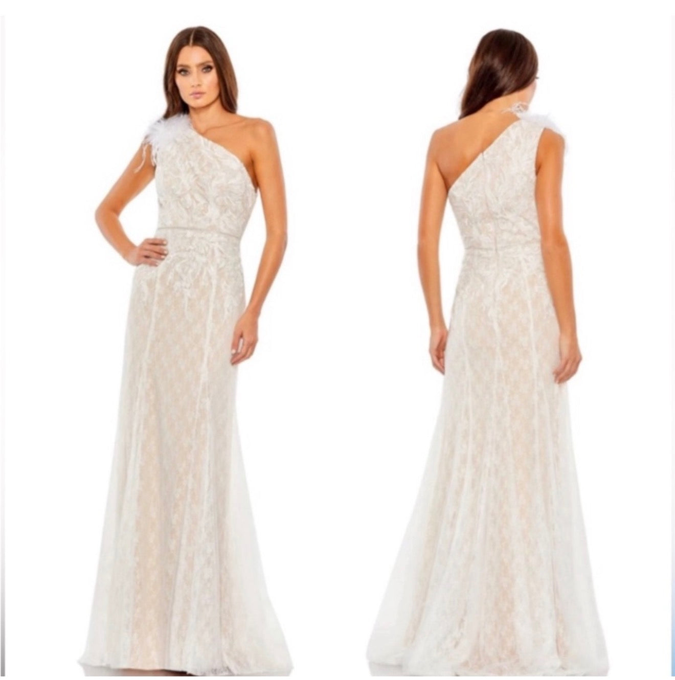 Mac Duggal Feather OneShoulder Ivory Lace Dress Formal Gown Sz 8 11317 $498