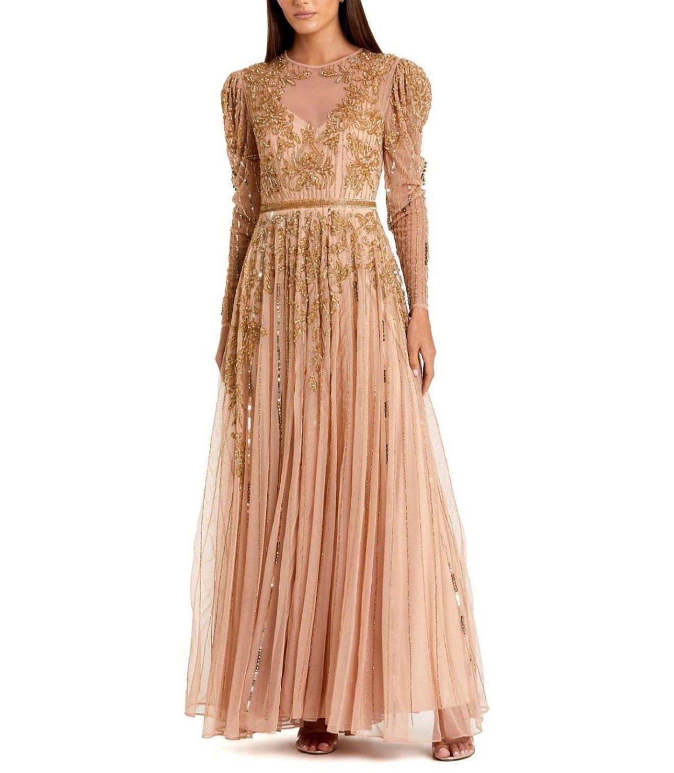 Mac Duggal 93638
BEADED ILLUSION PUFF
SLEEVE GOWN Color Nude gold
Sz 8 $598