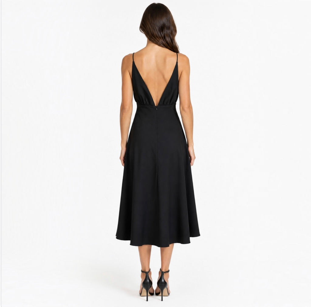 Rue Sophie Liana Plunging V-Neck Tea Length Dress Black Size Small