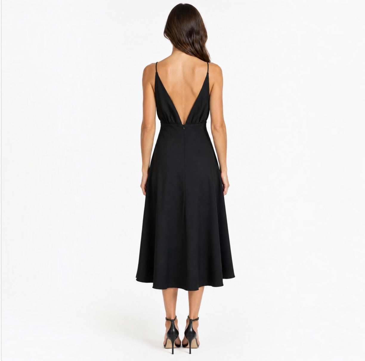 Rue Sophie Liana Plunging V-Neck Tea Length Dress Black Size Small