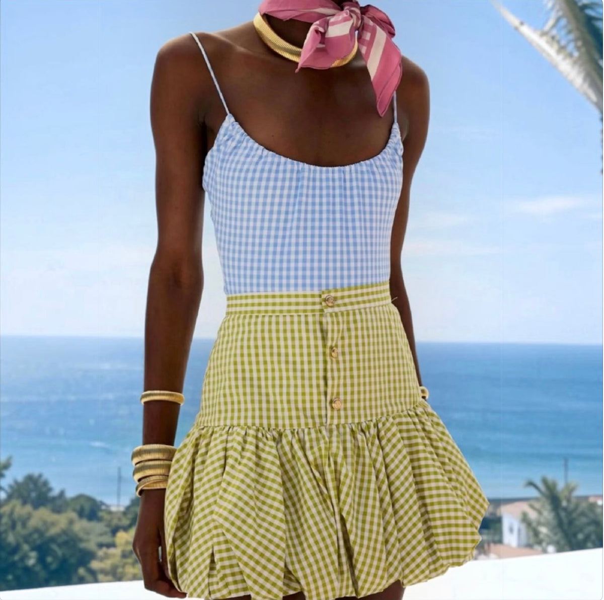 Caroline Constas Reina Bubble Hem Mini Skirt Pistachio Gingham Sz XS