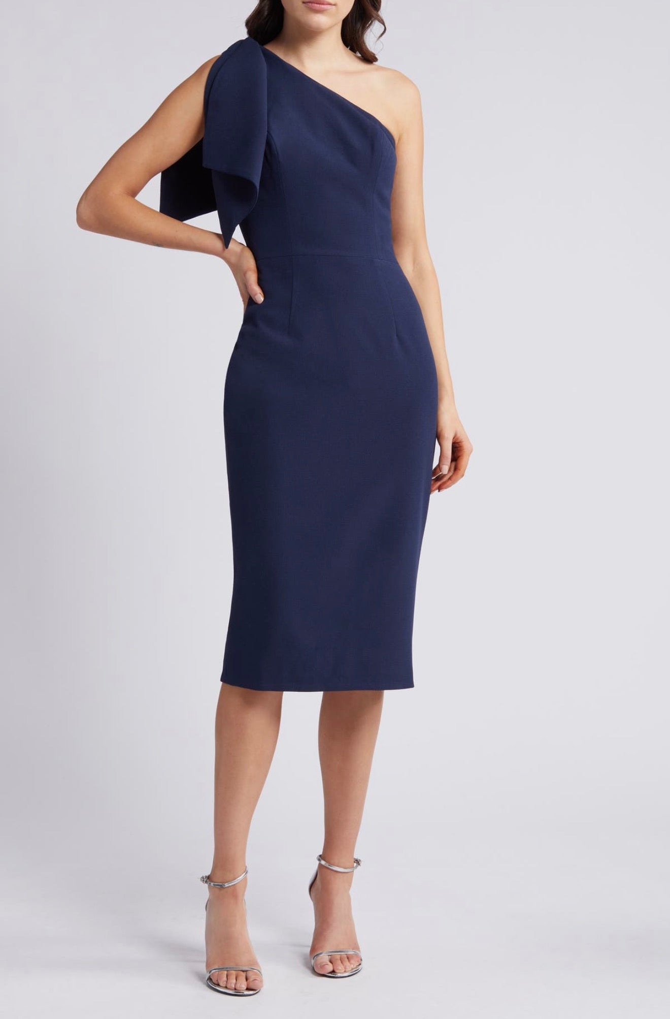 Dress the Population Tiffany One-Shoulder Midi Dress in Midnight Sz Medium $148