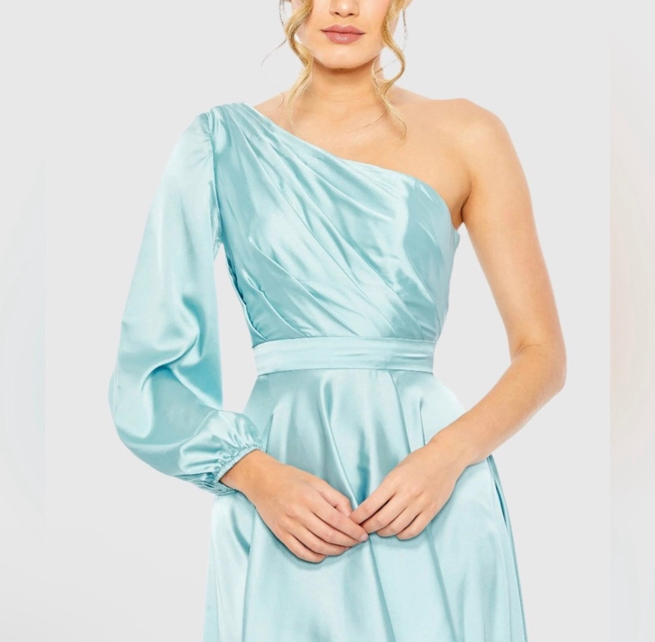 Mac Duggal 49141 French Blue One Shoulder Satin Hi-Low Gown Size 8 $358