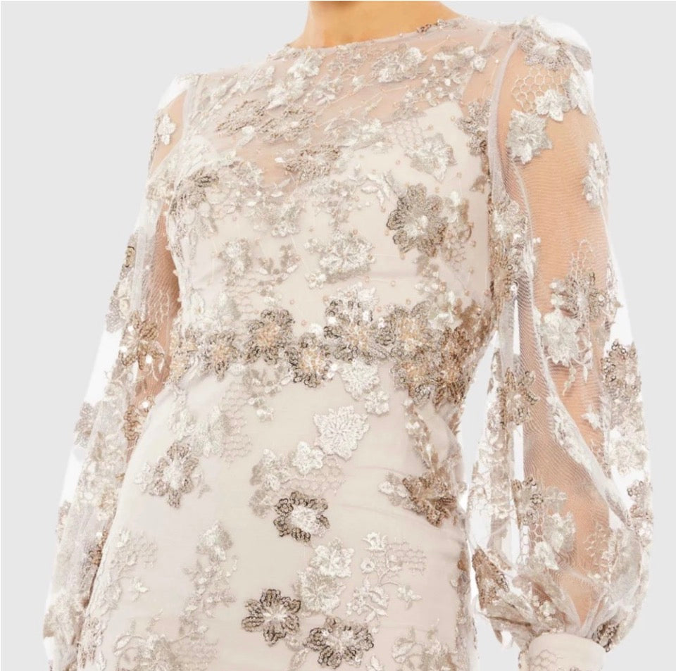 MAC DUGGAL 67862 
Embellished High Neck Illusion
Long Sleeve Midi Dress $338 Mocha