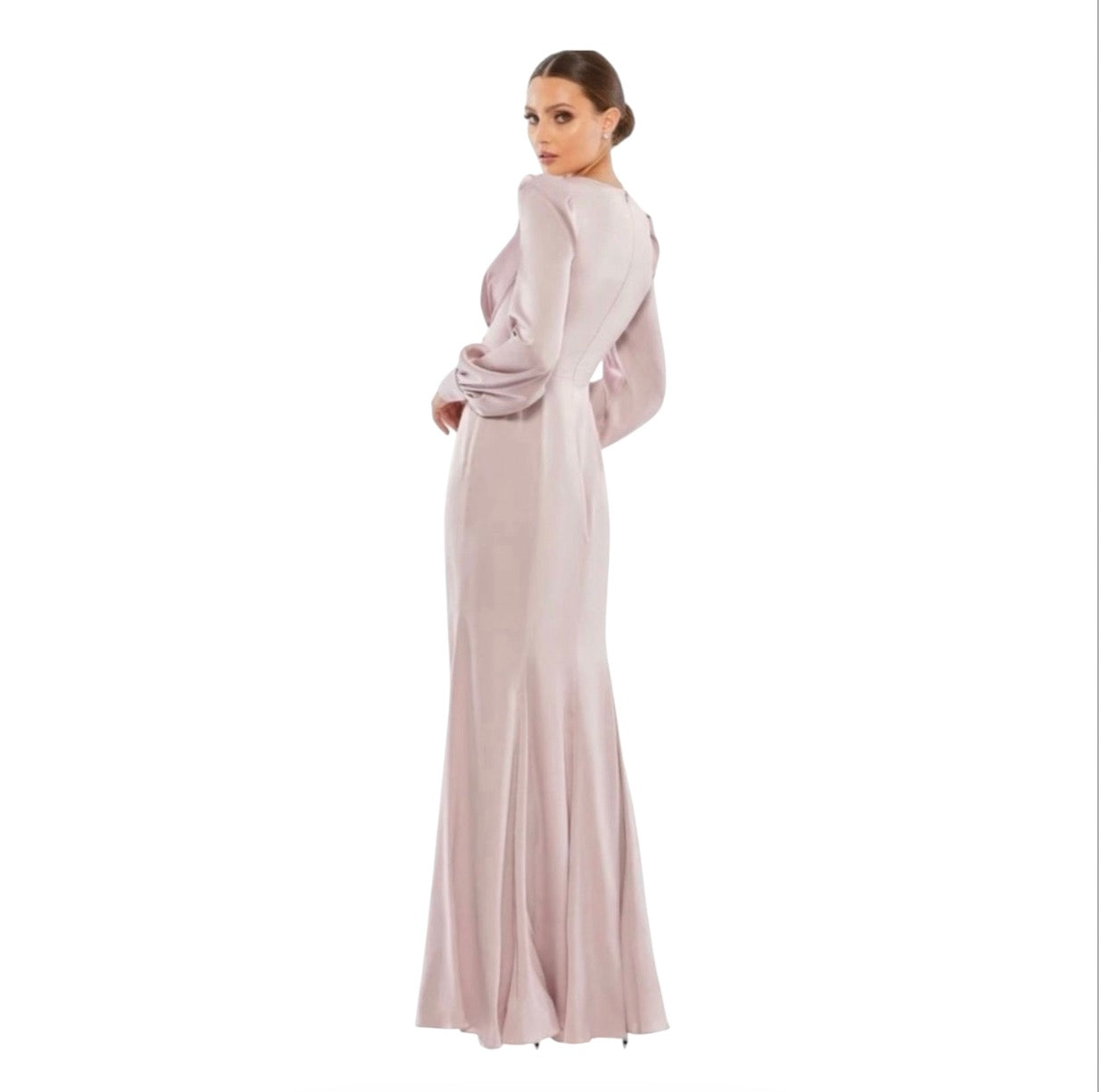 Mac Duggal 55635 Satin
Ruched Bishop Sleeve Gown Rose
Pink