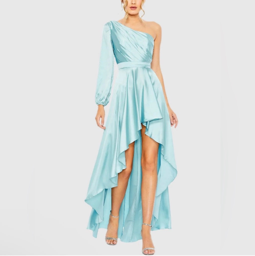 Mac Duggal 49141 French Blue One Shoulder Satin Hi-Low Gown Size 8 $358
