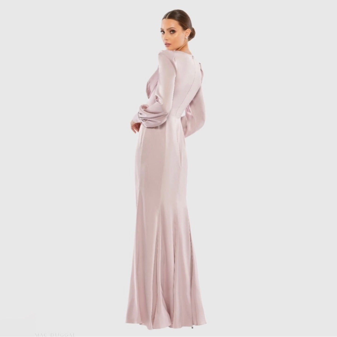 Ieena for Mac Duggal 55635 Rose Pink Satin Bishop Sleeve Gown Size 12 NWT $398
