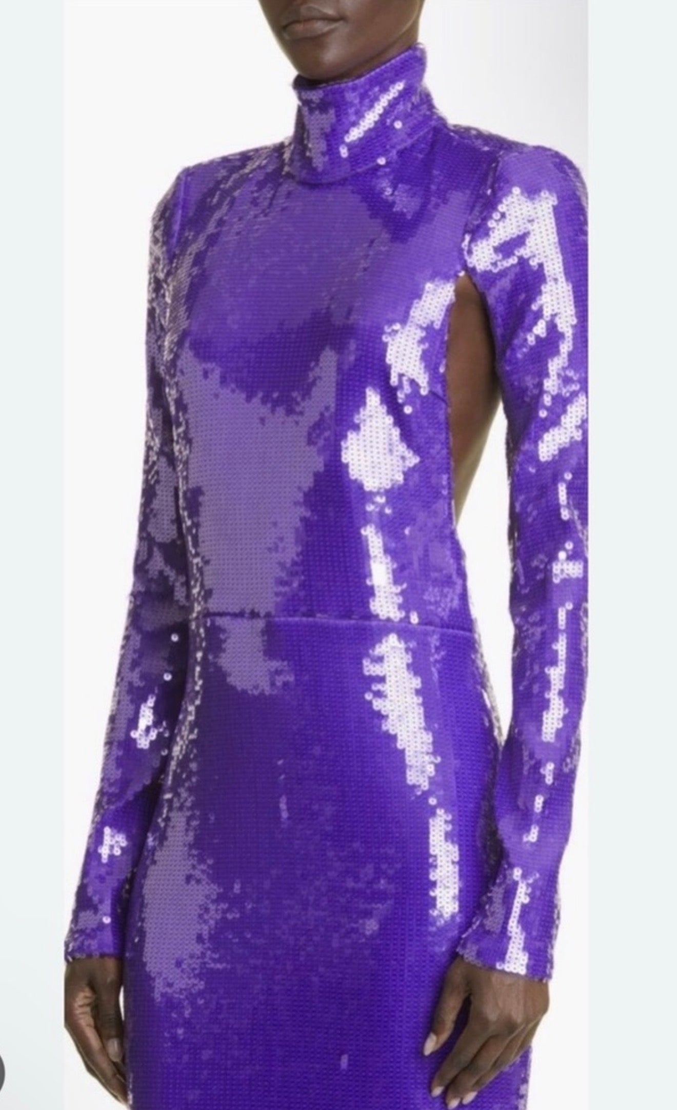 New LaQuan Smith Sequin Mock Neck Long Sleeve Cutout Column Gown Sz Small $3,125
