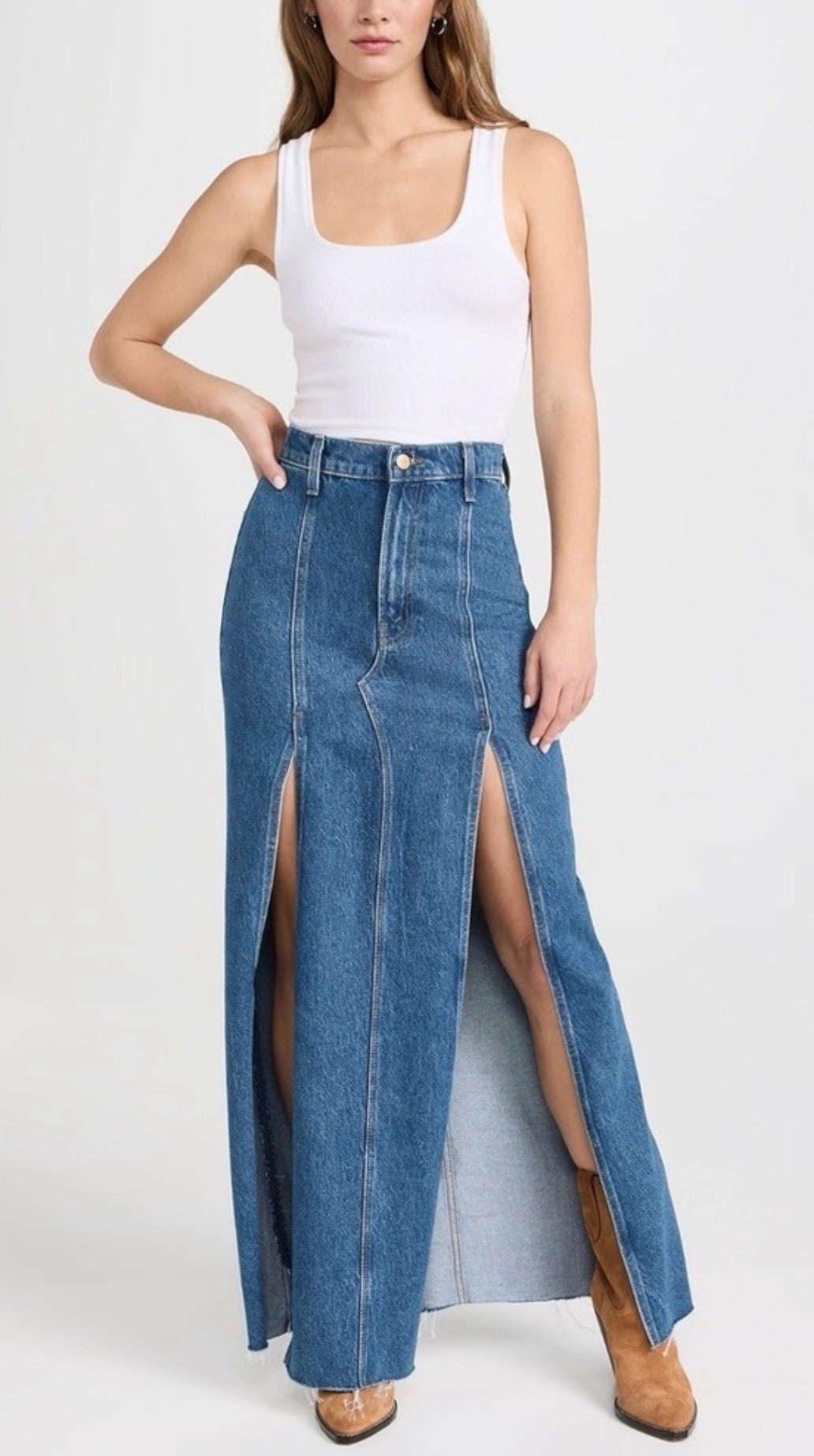 MOTHER SNACKS! Lickity Split Fray Denim Maxi Skirt Size 28 $298