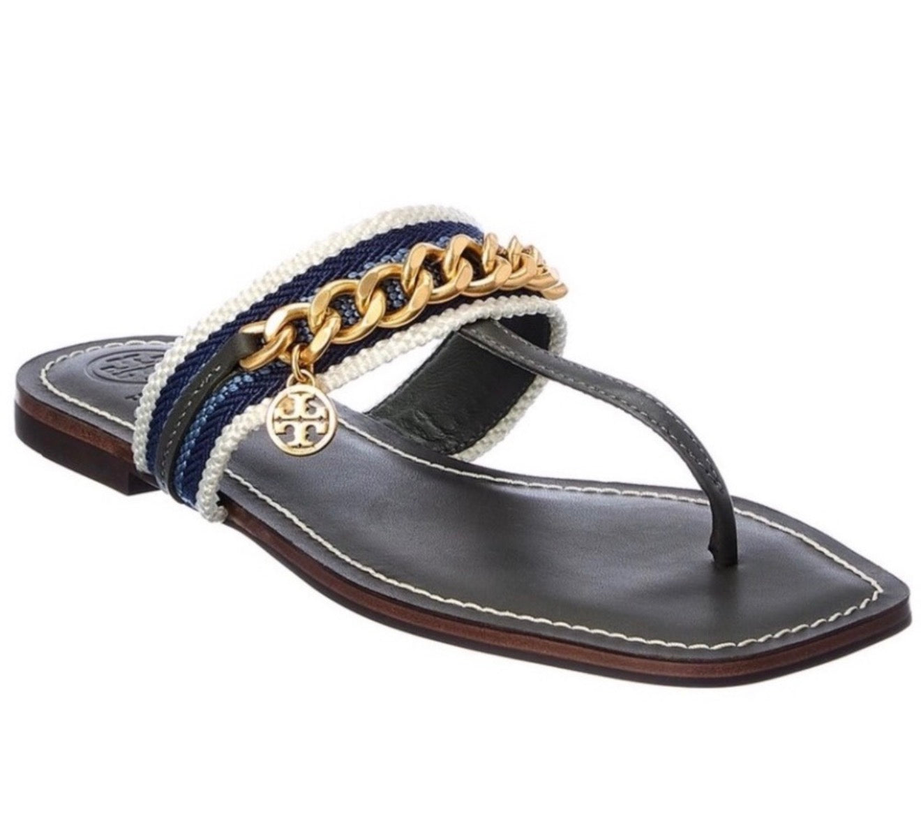 Tory Burch Mini Benton Chain Thong Sandals in Poblano, Size 6 $278