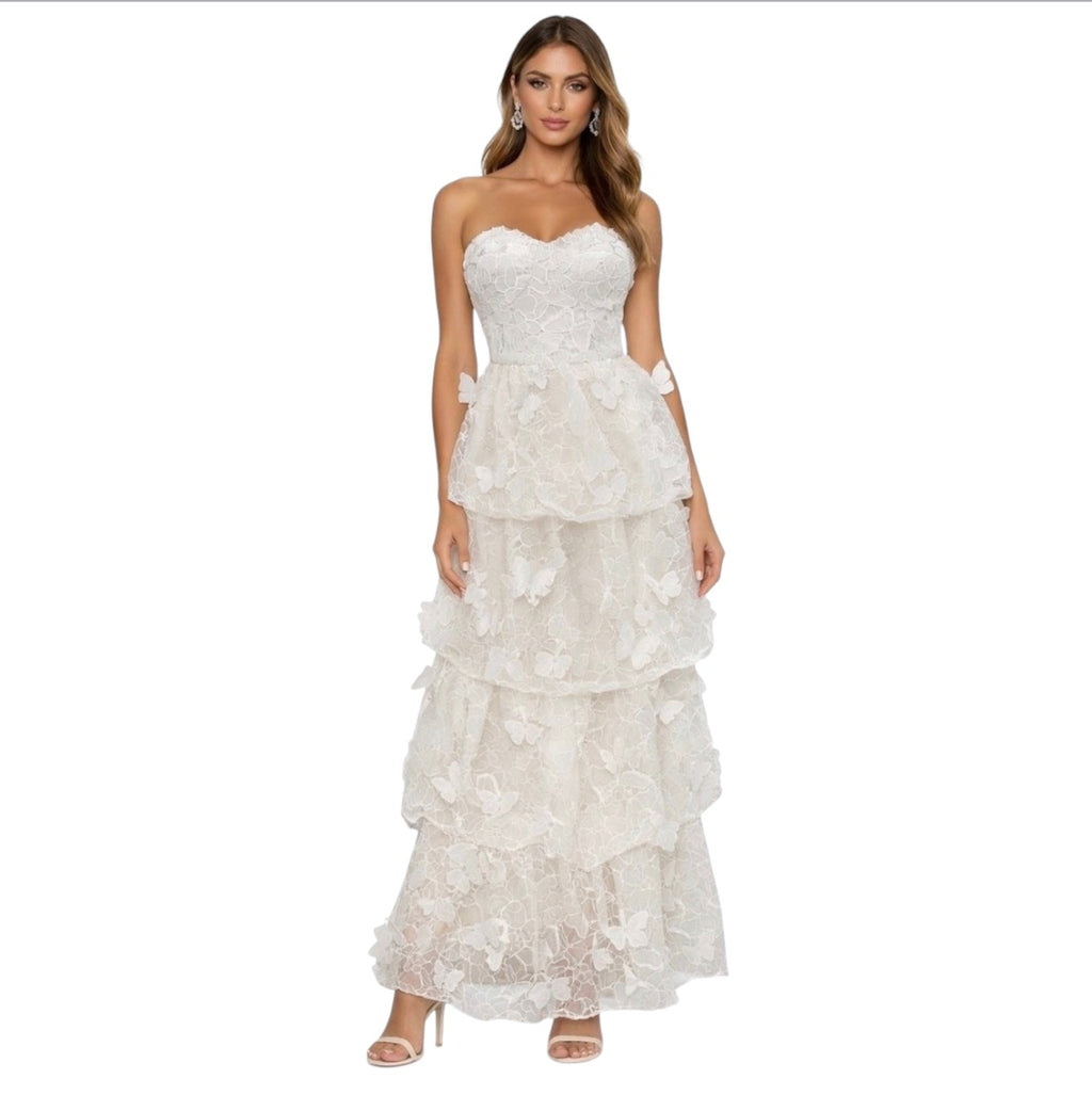 Dress the Population White 3D Butterfly Strapless Tiered Gown
XS