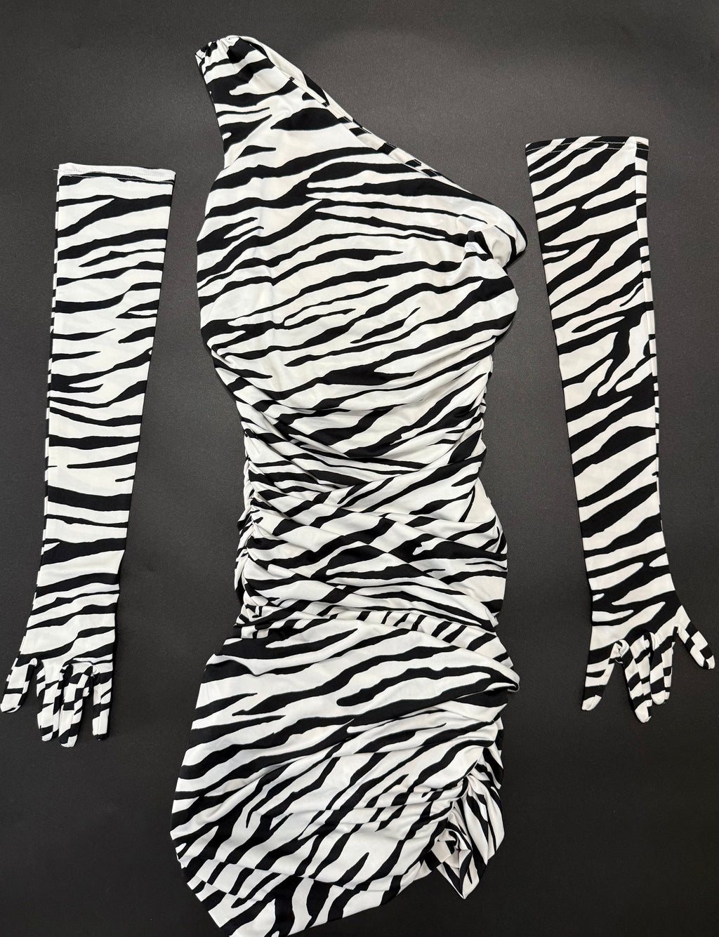 Miscreants London SJP Zebra One-Shoulder Dress with Matching Gloves UK 6 US 2 $495