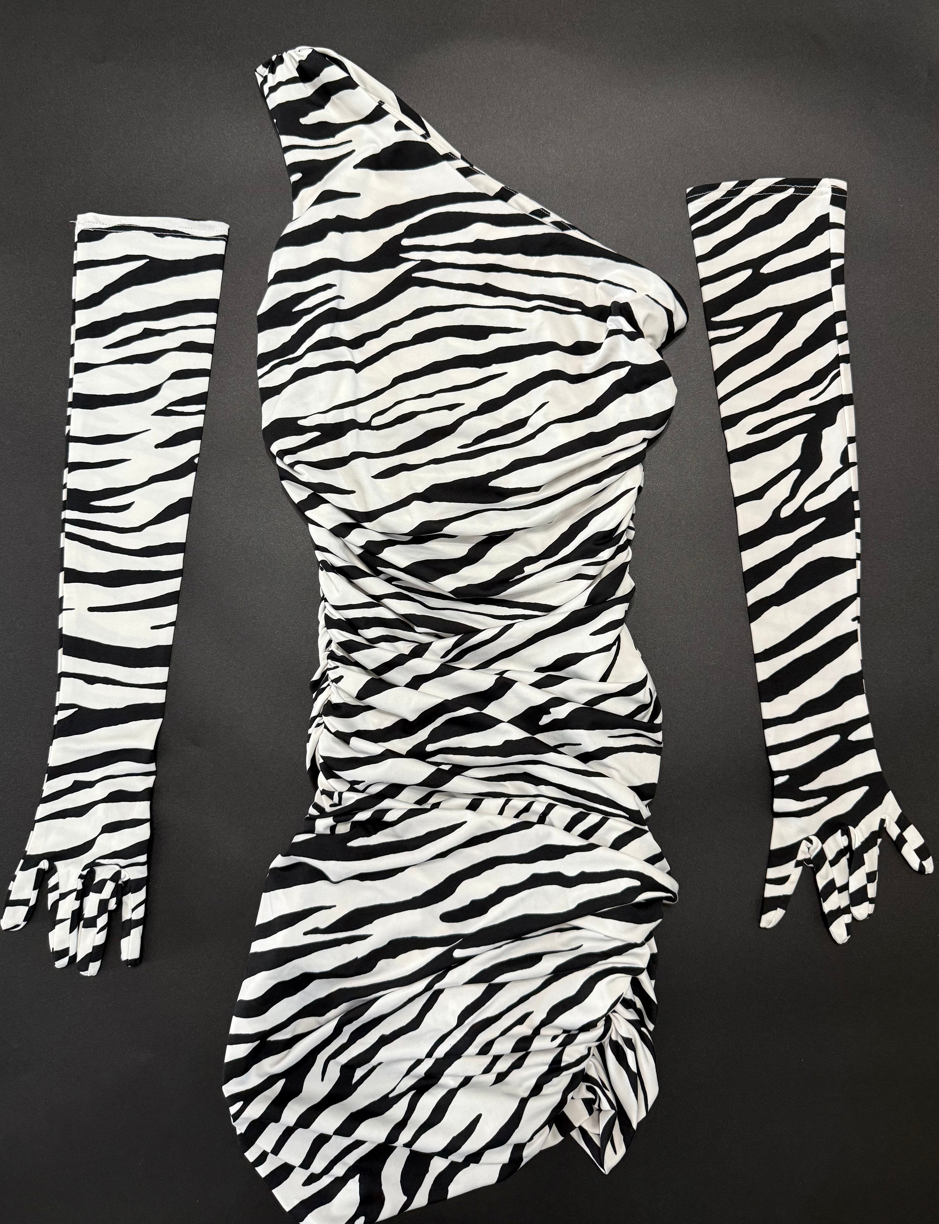 Miscreants London SJP Zebra One-Shoulder Dress with Matching Gloves UK 6 US 2 $495