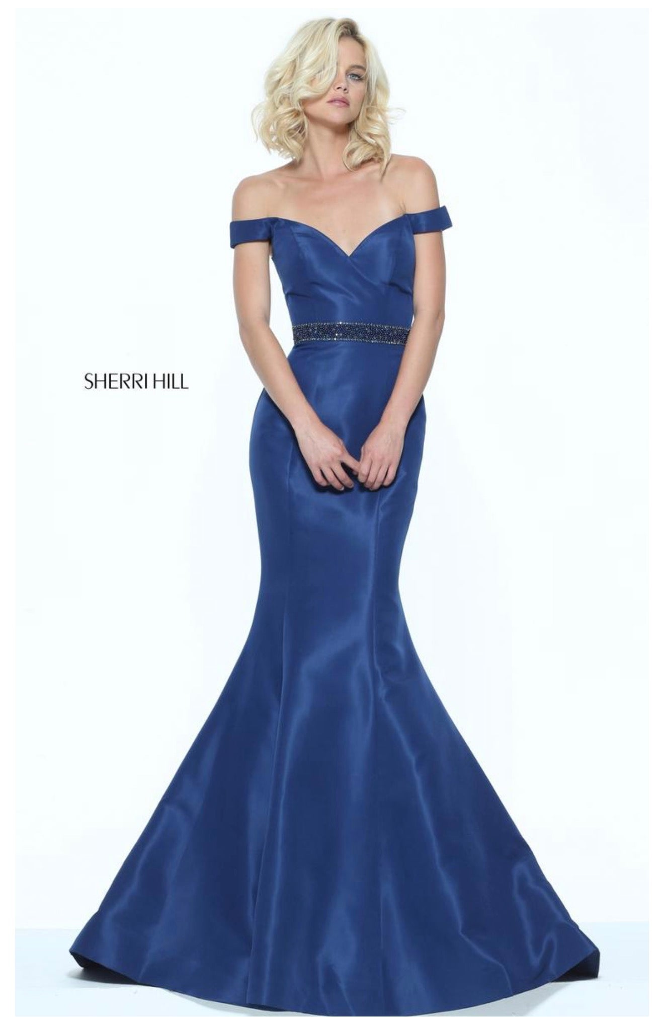 Sherri Hill 50950 Navy Off Shoulder Taffeta Mermaid Gown Size 2 $550