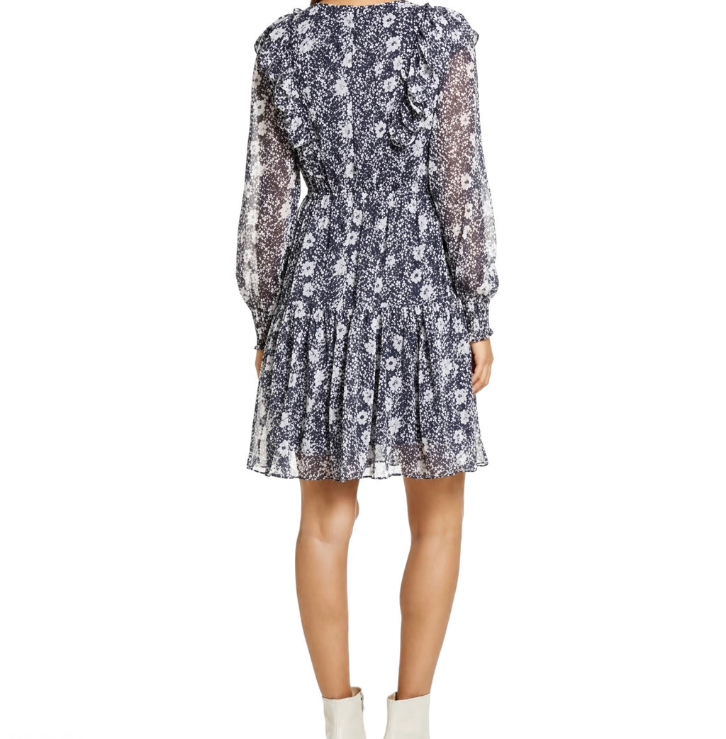 Rachel Parcell Ruffle Tiered Floral Long Sleeve Mini Dress Blue White Size Small