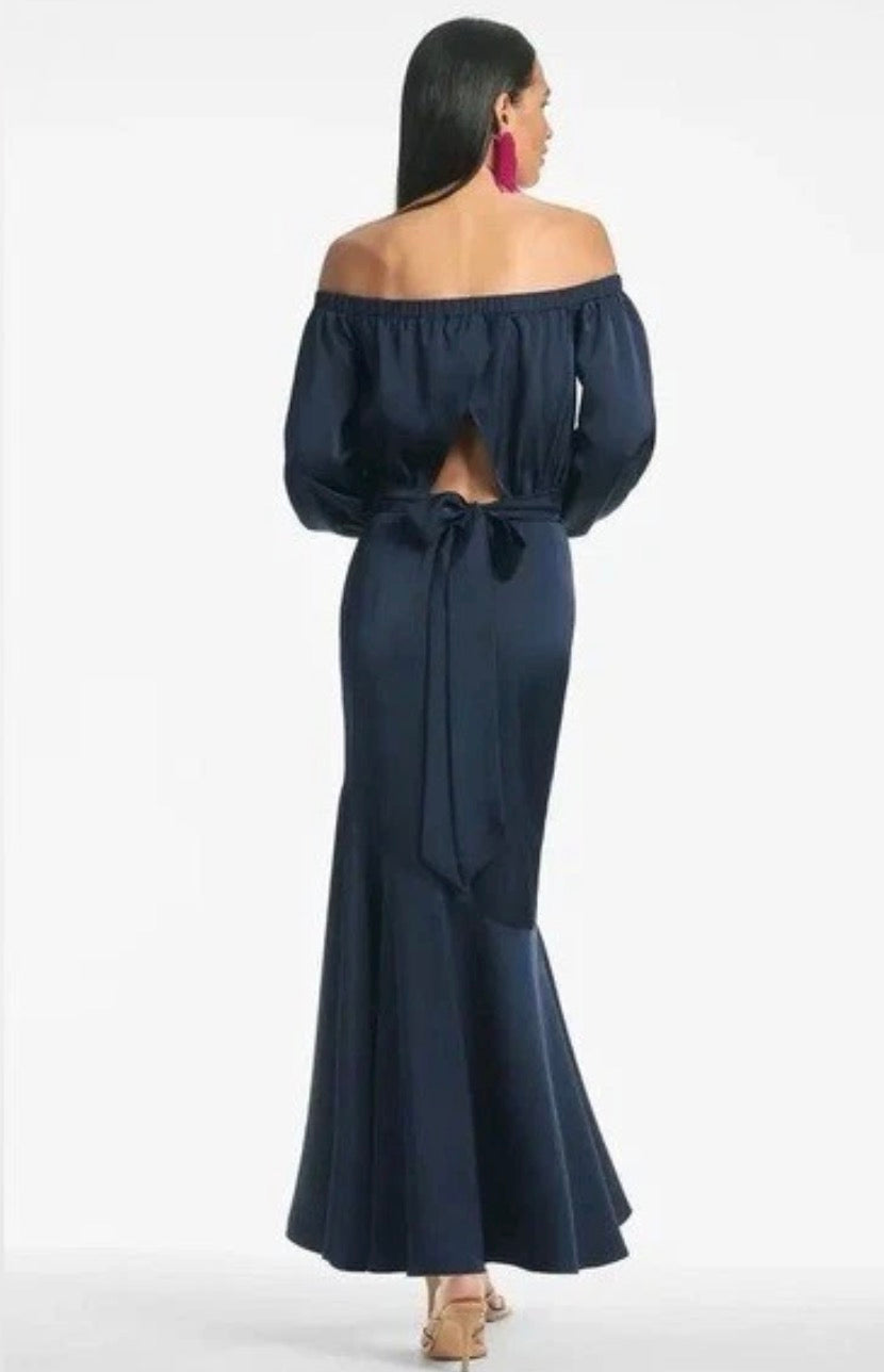 Sachin & Babi Kai Satin Crepe Off Shoulder Dress in Midnight Blue Sz 2 $450