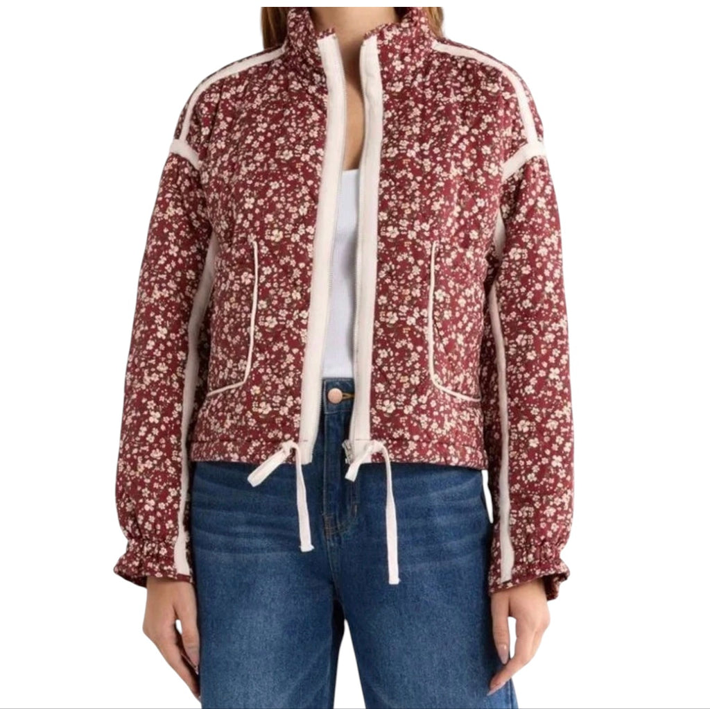 BLANKNYC Cropped Quilted Floral Jacket Budding Bordeaux Size Large