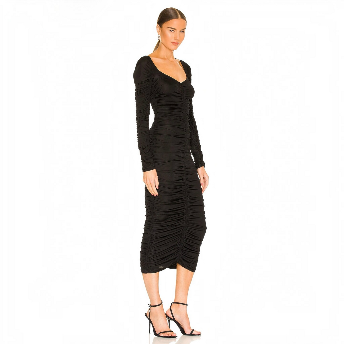 L’ACADEMIE Nyla Ruched Midi Dress Black Size Small