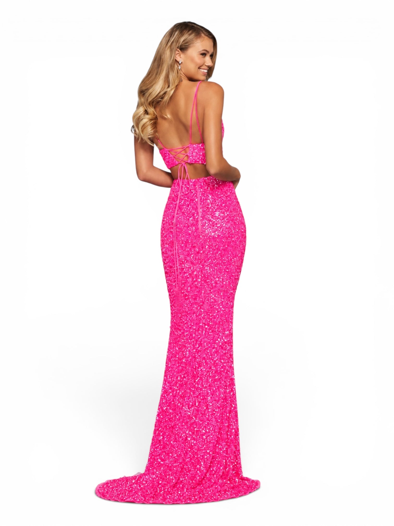 Sherri Hill 53448 Neon Pink Sequin Two Piece Gown High Slit Dress Sz 4 $450