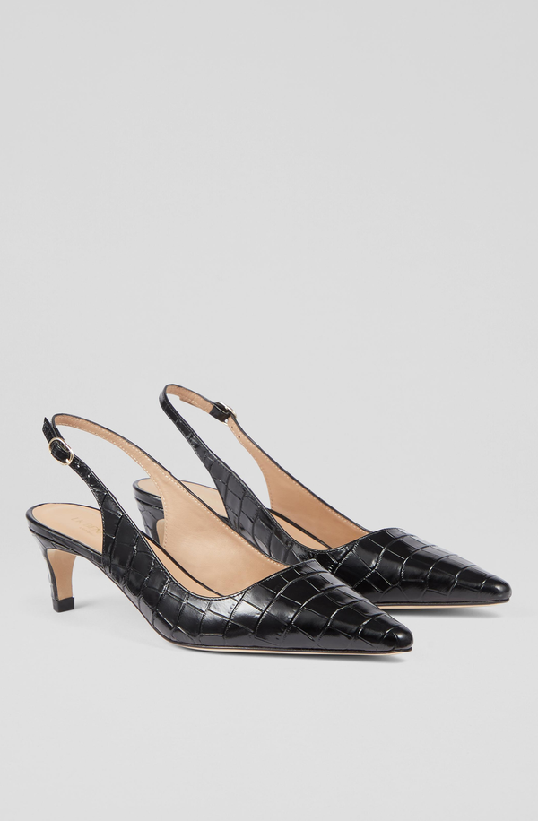 LK Bennett Alyssa Black Croc Embossed Leather Slingback Heels EU 41 US 10