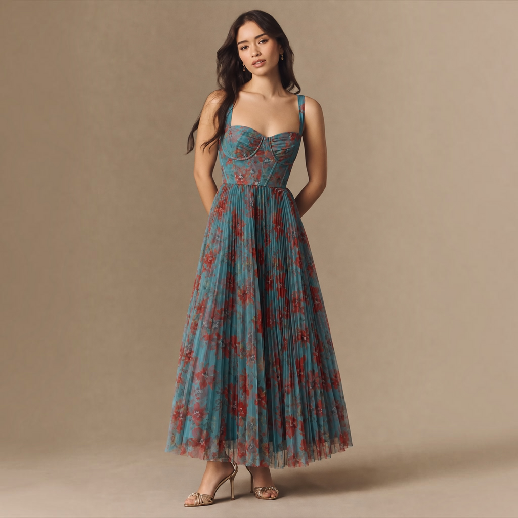 HUTCH Macclare Floral Pleated Maxi Gown Teal Rust Size Small