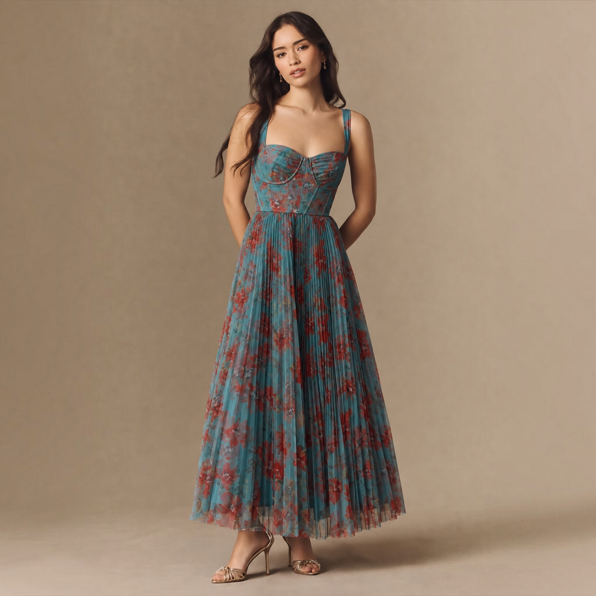 HUTCH Macclare Floral Pleated Maxi Gown Teal Rust Size Small
