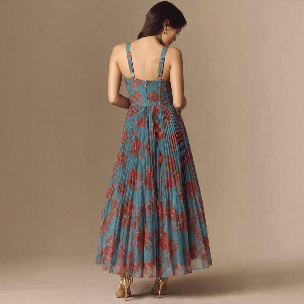 HUTCH Macclare Floral Pleated Maxi Gown Teal Rust Size Small