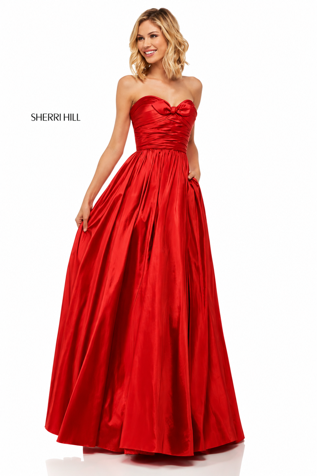 Sherri Hill 52833 Red Strapless Taffeta Ball Gown Bow Formal Dress Sz 8 $450