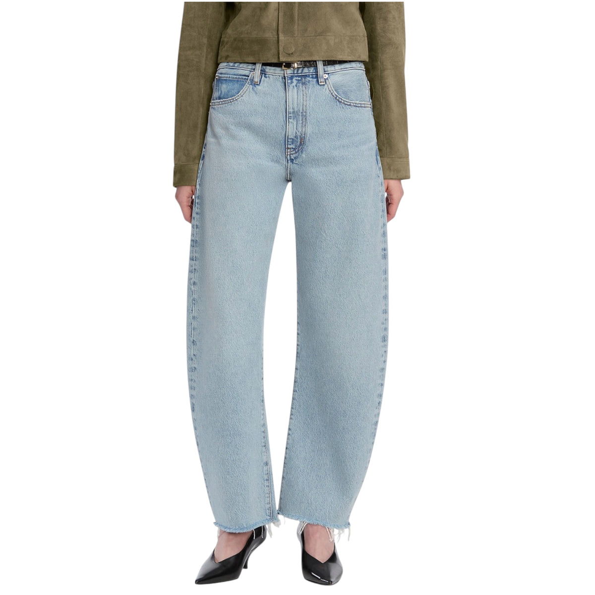 FRAME The Bubble High Rise Crop Barrel Leg Jeans in Outlaw Raw Fray Sz 25