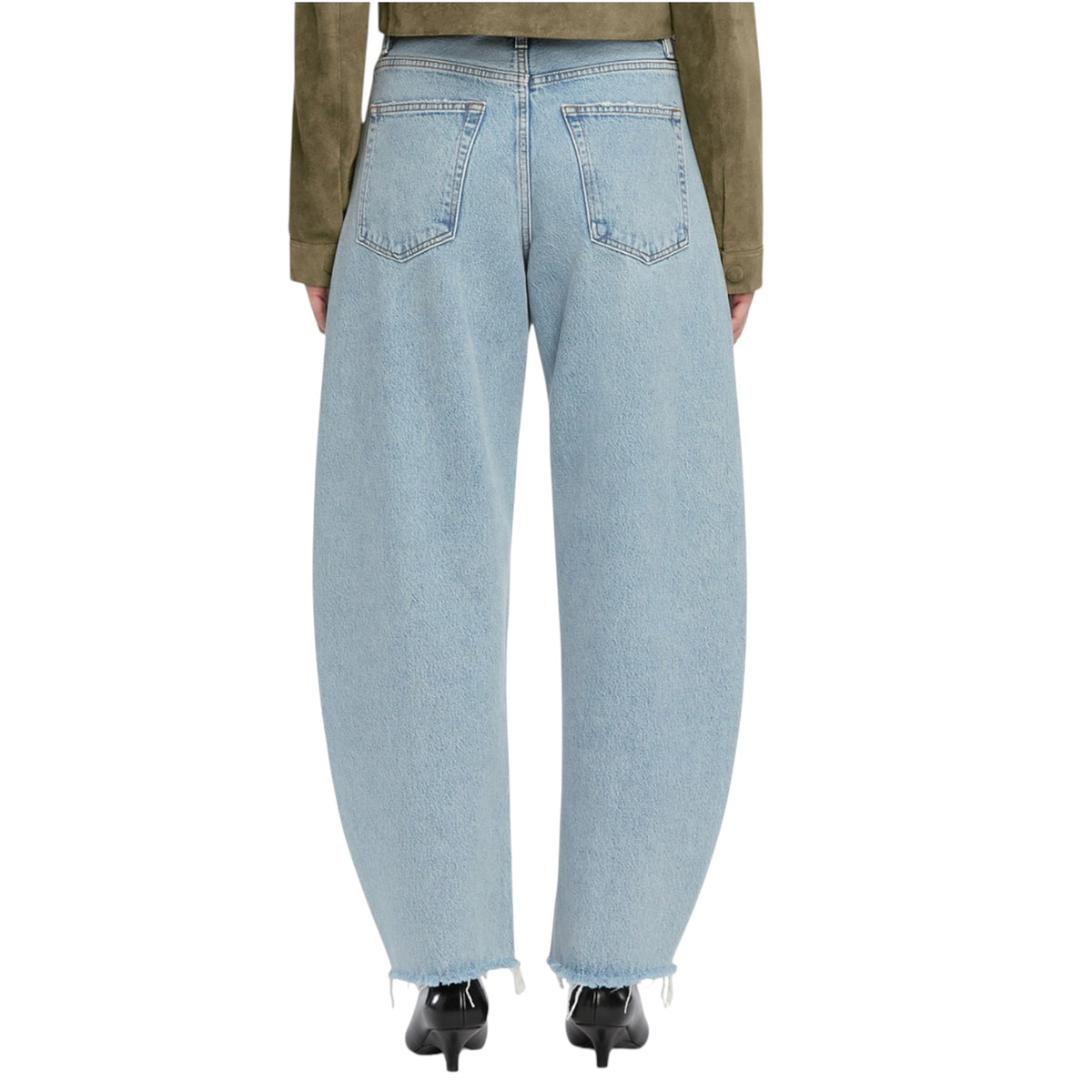 FRAME The Bubble High Rise Crop Barrel Leg Jeans in Outlaw Raw Fray Sz 25