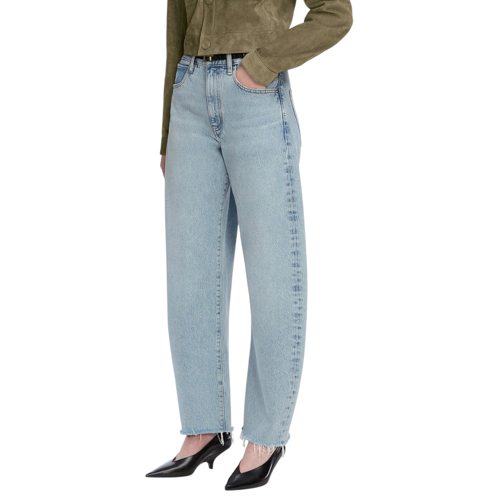 FRAME The Bubble High Rise Crop Barrel Leg Jeans in Outlaw Raw Fray Sz 25
