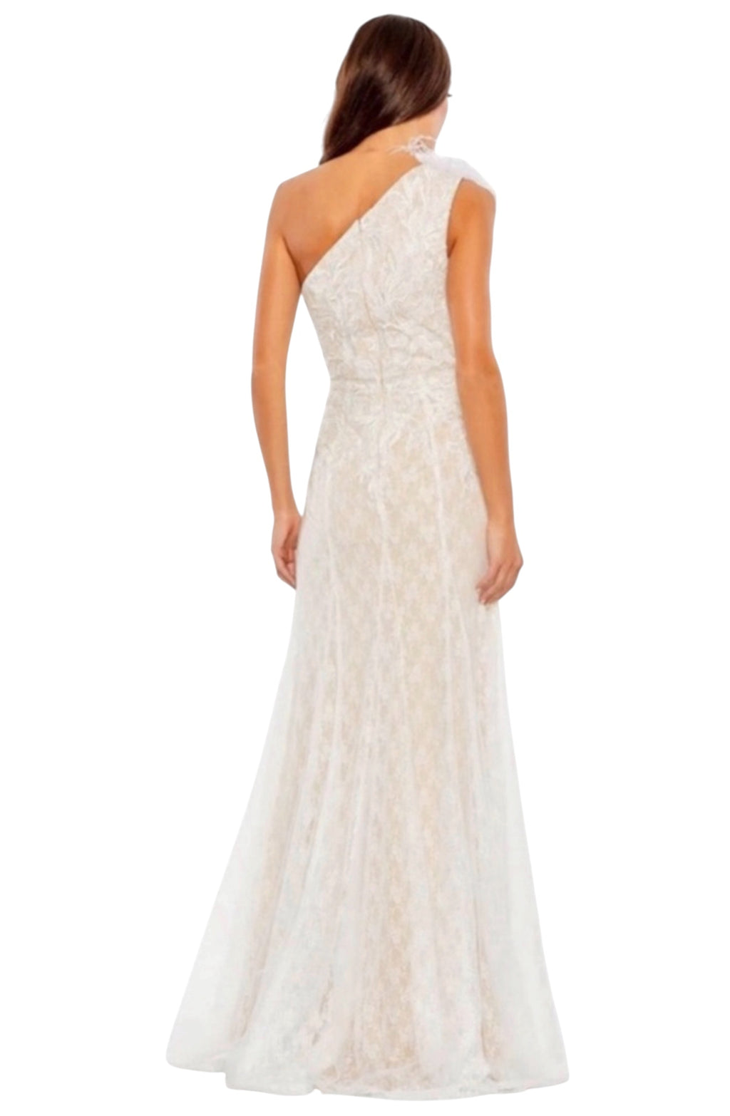Mac Duggal Feather OneShoulder Ivory Lace Dress Formal Gown Sz 8 11317 $498