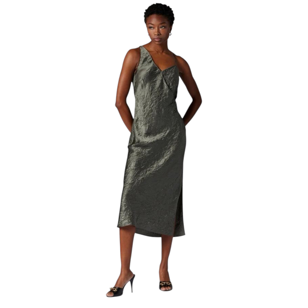 EQUIPMENT Aurore Crinkle Satin Asymmetrical Dress Castor Grey Size 6