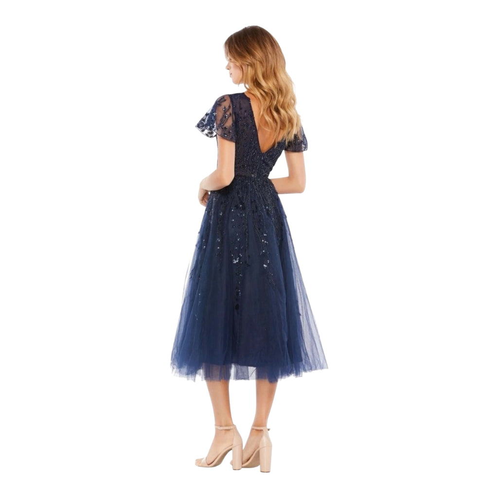 Mac Duggal 20304 Embellished Flutter Sleeve Tea Length Dress Midnight Sz 14