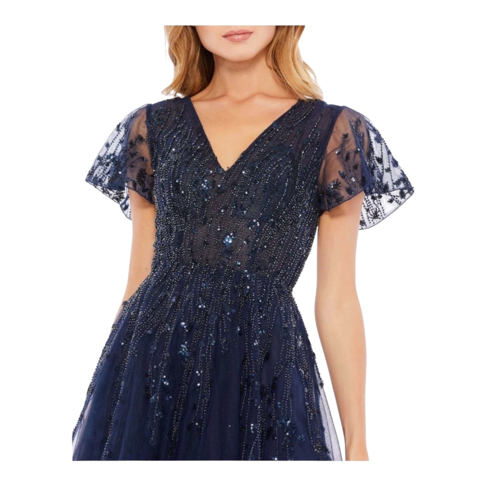 Mac Duggal 20304 Embellished Flutter Sleeve Tea Length Dress Midnight Sz 14