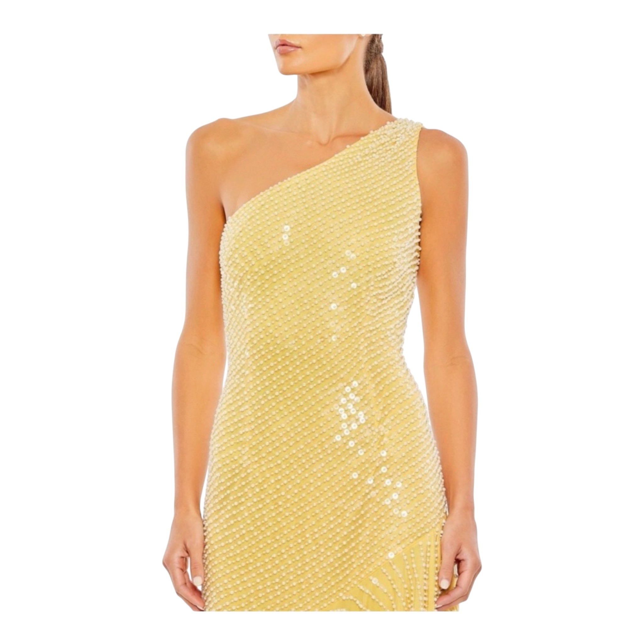 NWT Mac Duggal 93741 One Shoulder Asymmetrical Hem Dress Yellow Pearl Sz 14 $598