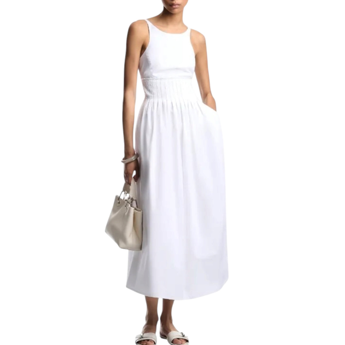 EMPORIO ARMANI Optical White Cotton Pleated Midi Dress Size 40 US Small